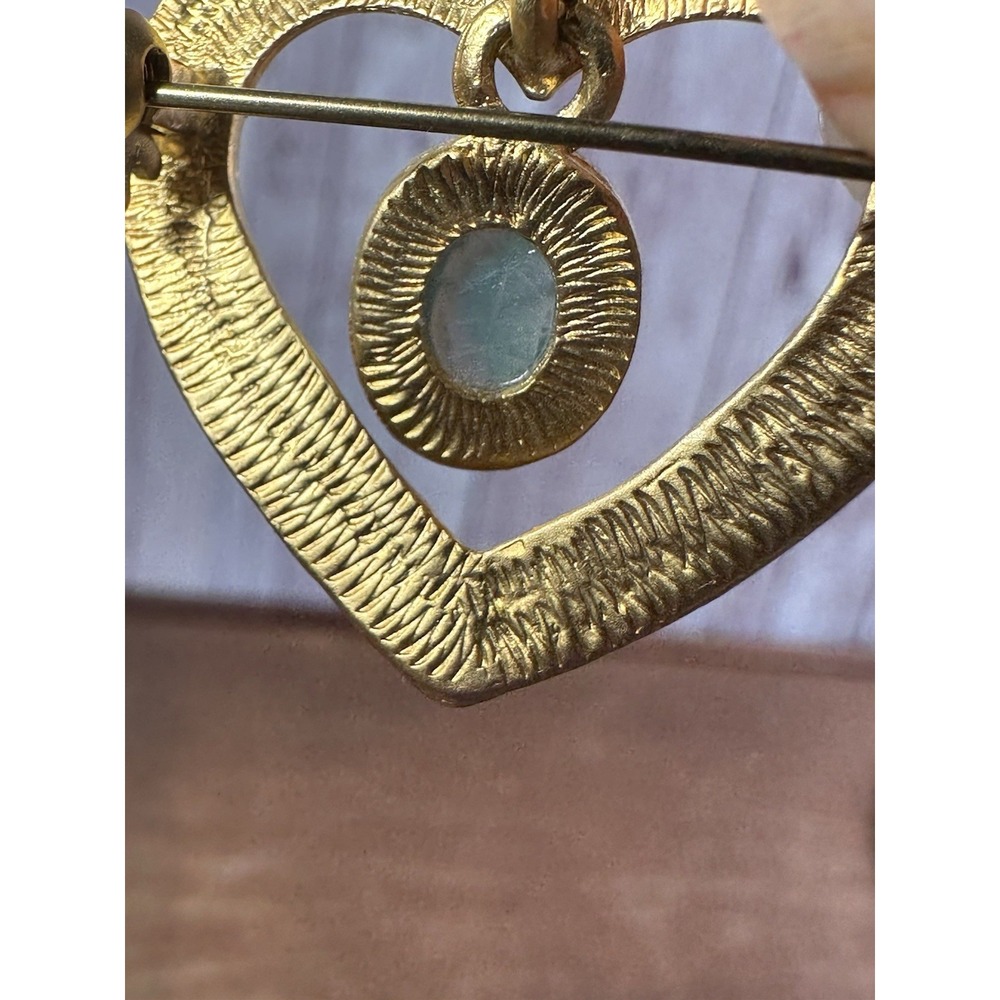 Vintage Heart‎ Pin Brooch 90s Genuine Carved Scarab Semi Precious Stone - Picture 6 of 10